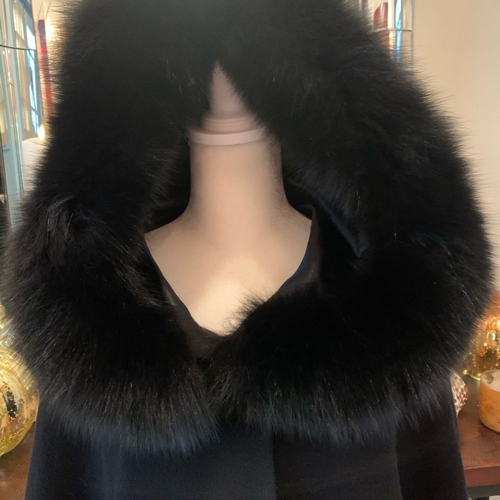 Sophia Cashmere and fox fur hooded cape coat.